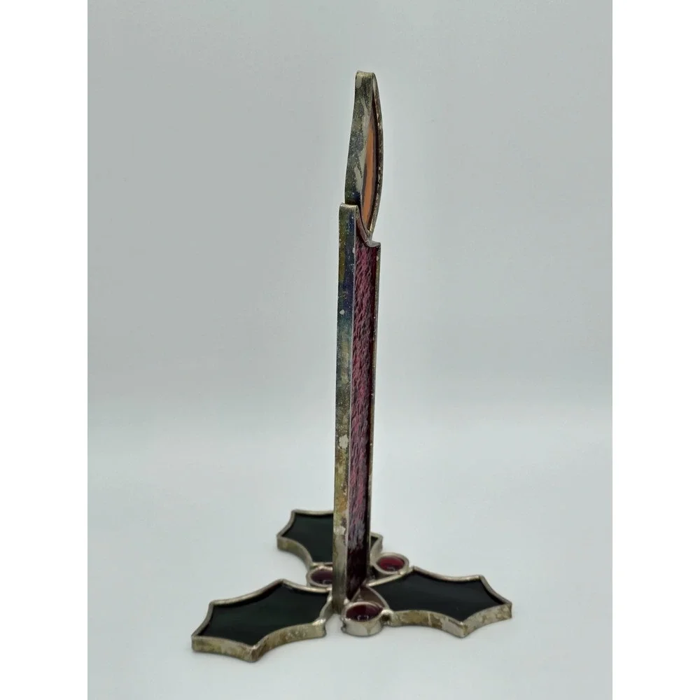 Vintage Stained Glass Christmas Holly & Candle Standing Centerpiece